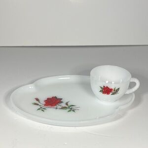 Vintage Milk Glass Red Rose Tea Cup & Sandwich Plate Grandmacore Cottagecore